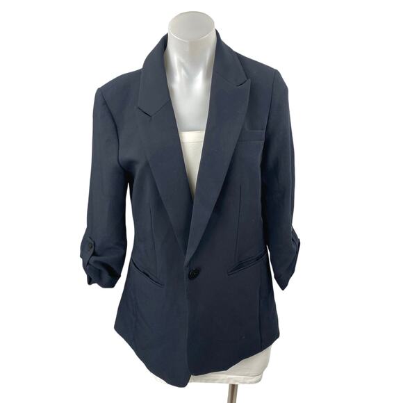 Anthropologie Maeve Black Ruched Sleeve Notch Collar Blazer Coat Jacket Size 4 - Picture 1 of 4